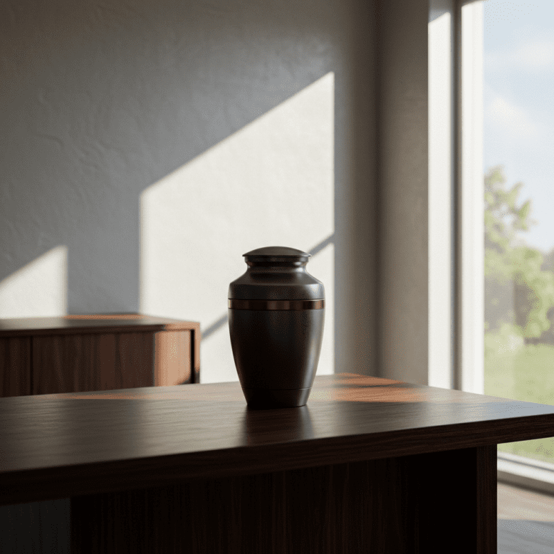 Kremavimo urna memorialinėje erdvėje ant stalelio.